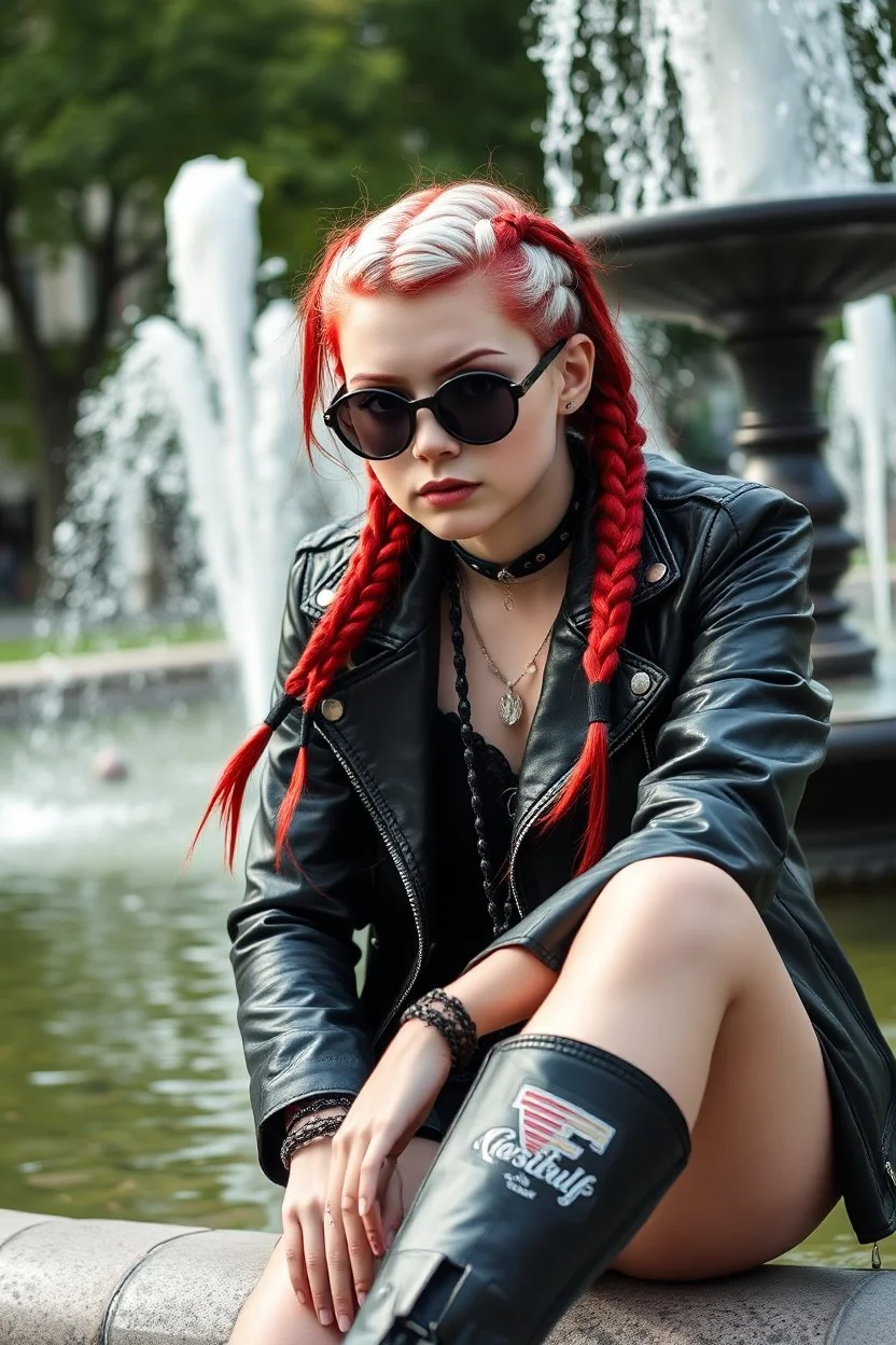 Gothic style rebel woman teenager, pretty and arrogant, red hair and black shiny round sunglasses, leather jacket, edgy bohemian outfit, combat boots, captivating grey eyes, white hair styled in intricate braids, playful and mischievous demeanor - depicted sitting at the edge of a fountain in a city green park, vibrant punk street fashionista, high realistic