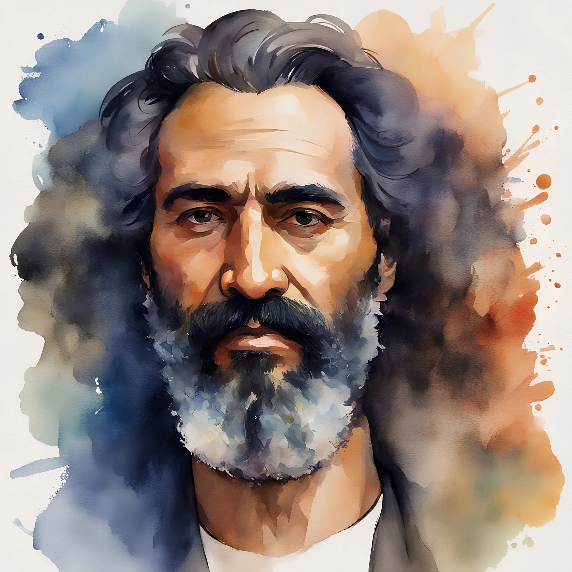 Create an art representation of sanaa mousa, the renowned artist and polymath, in a watercolor style. Capture his likeness with attention to detail, including his iconic beard, flowing hair, and enigmatic expression.