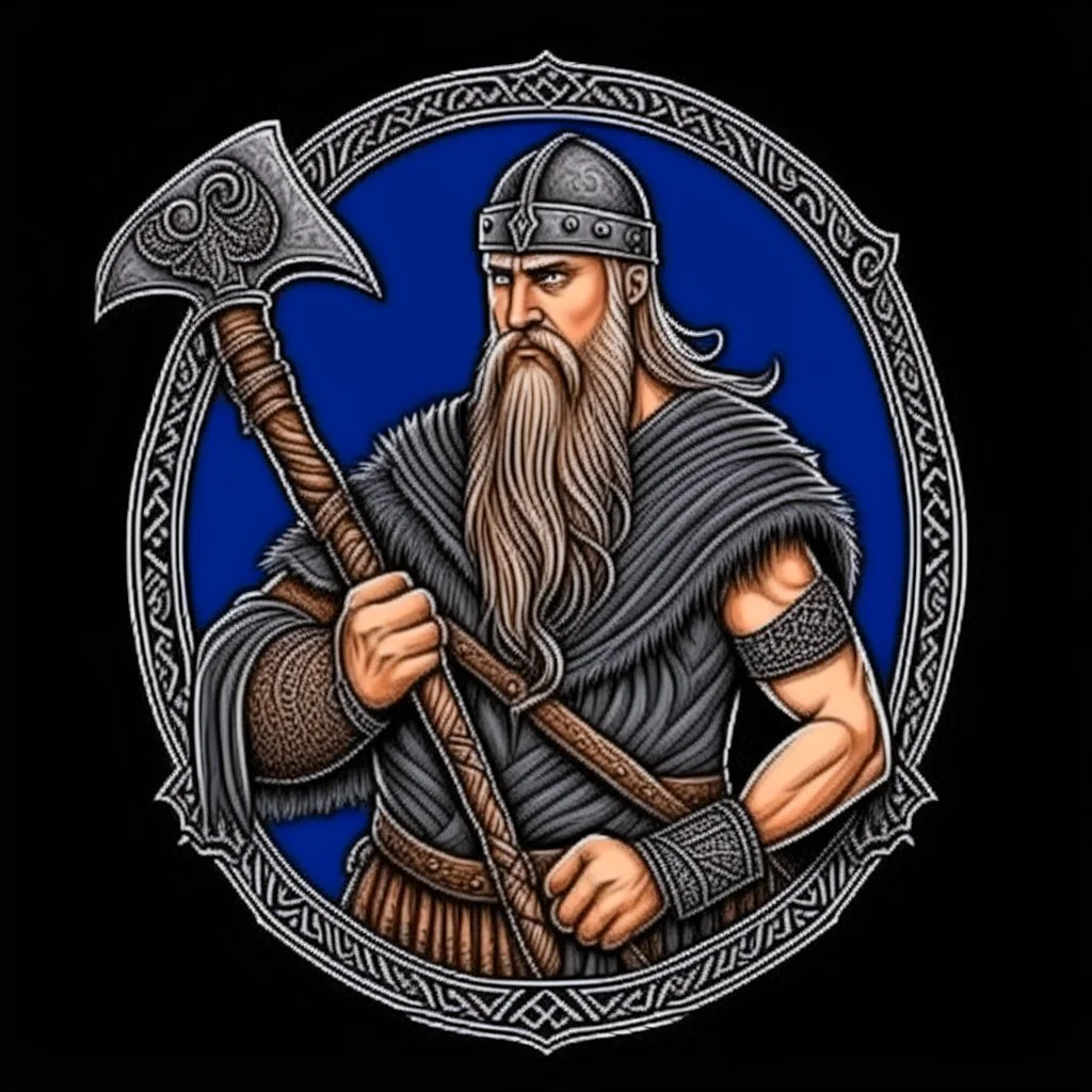 Realistic Pagan Viking Warrior with an Axe, Swedish flag and ravens