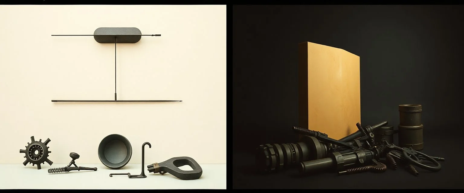 Photography Kodak of several geometric shapes, elongated lines and object, massive odd incomprehensible style, minimalist, pastel colors, Surrealism, On the left, there are other lower shapes, similar to tools or mechanisms, randomly arranged, glossy, creepy, strong texture, horror, panic, obsessive, hypnotic