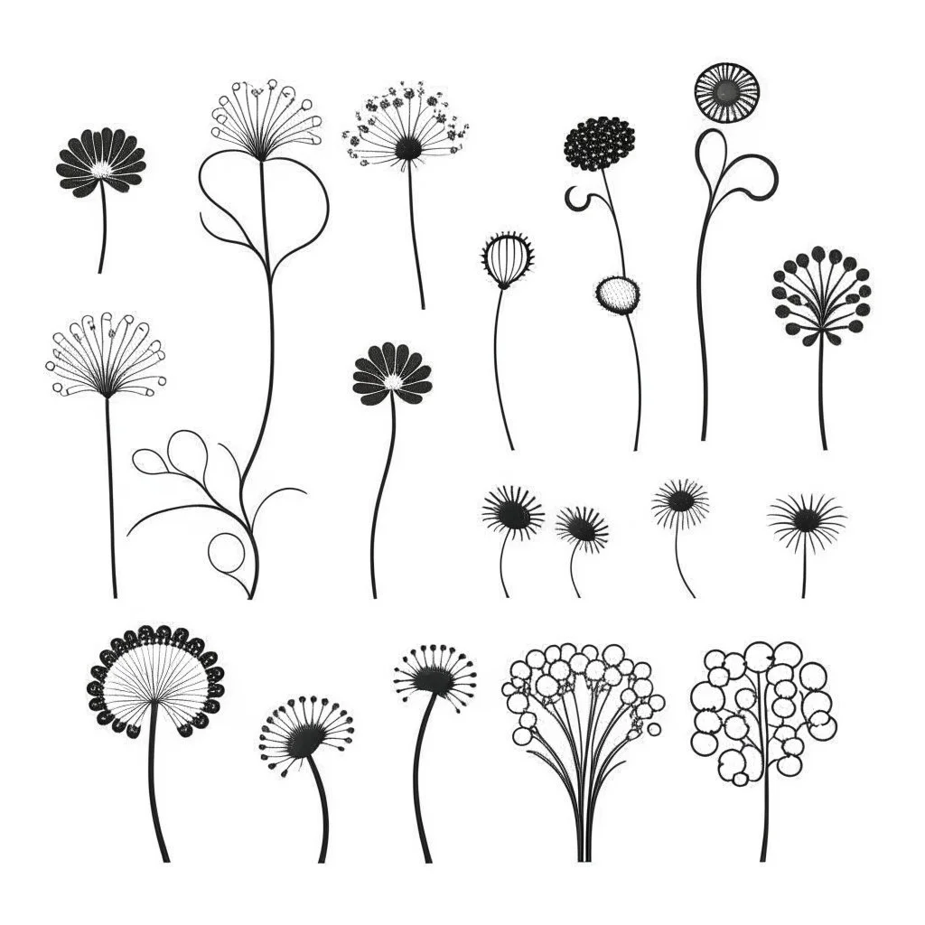 set of grow wind flowers on the grace silhoutte, SIMPLE ONE lineS art, white background, minimalis, different view, only white bakcground solid.