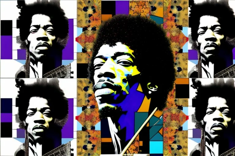 A digital collage mosaic of Jimi Hendrix, combining different stages of his life and career. The mosaic features scenes from his early life, iconic performances, and creative process. Early life is represented in black and white photography style, iconic performances in psychedelic art, and the creative process in surrealism. These different art styles blend together to form a cohesive mosaic image of Jimi Hendrix’s face, symbolizing the integration of his life experiences into his identity as a