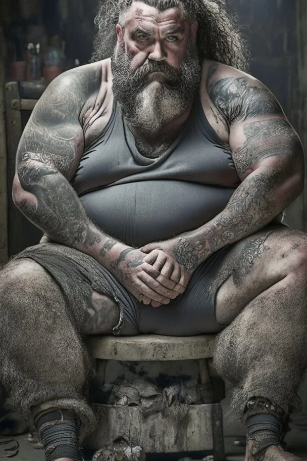 full figure shot photography of a dirty burly muscular chubby turkish manly man happy sitting, 62 years old, beefy, ugly , crossed arms, long beard, curly hair, sweat, tattoo, with completely torn and faded dirty cotton unbuttoned short trousers, tattoo, big bulge, beard , big legs, drunk eyes, bare-chested, huge belly, in industrial area, photorealistic, side light, view angle from low , ambient occlusion