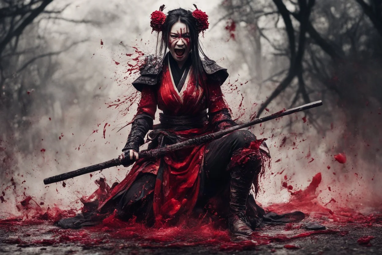 Tall girl samurai, face distorted with pain, screaming, tears streaming from eyes, siting pose, fullbody, splashes blood, behind guts rising from the ground, intricate, darkred tones, macro photography,