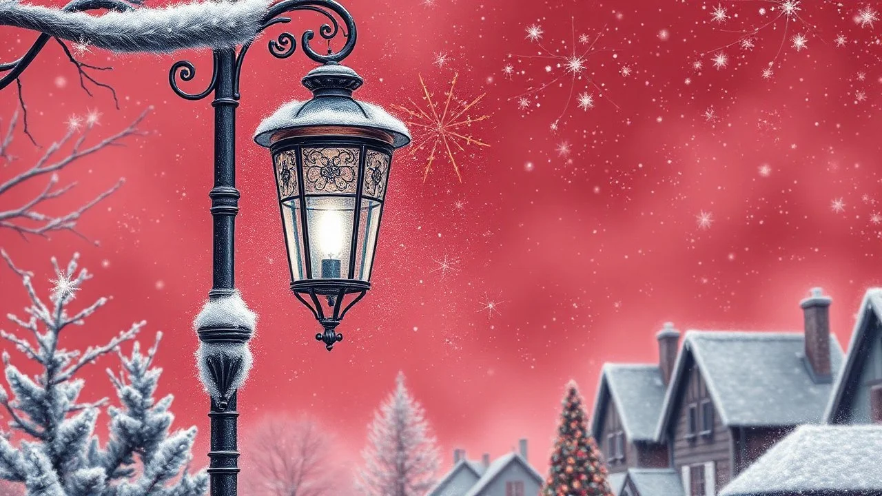 Delicate graphite drawing: Beautiful vintage street lamp, soft crimson Christmas background, Christmas decorations, glitter, silver-blue, sparkling light, fabulously beautiful, magical fog, ash-colored and silver-colored half-timbered village. Hyper-realistic pixel art, high level of detail, filigree, fine drawing, delicate graphite drawing.
