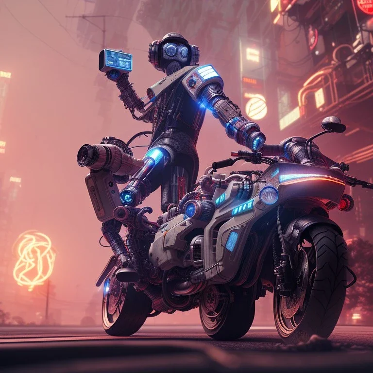 cyberpunk far way man in kaneda bike,robotic arm, highly detailed global illumination, detailed and intricate environment, octane