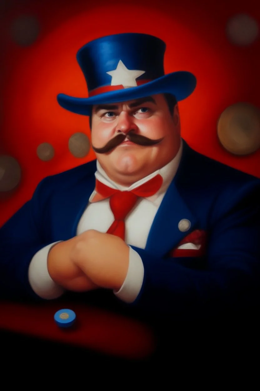 Fat captan america burguese mustache at the casino oil canvas.