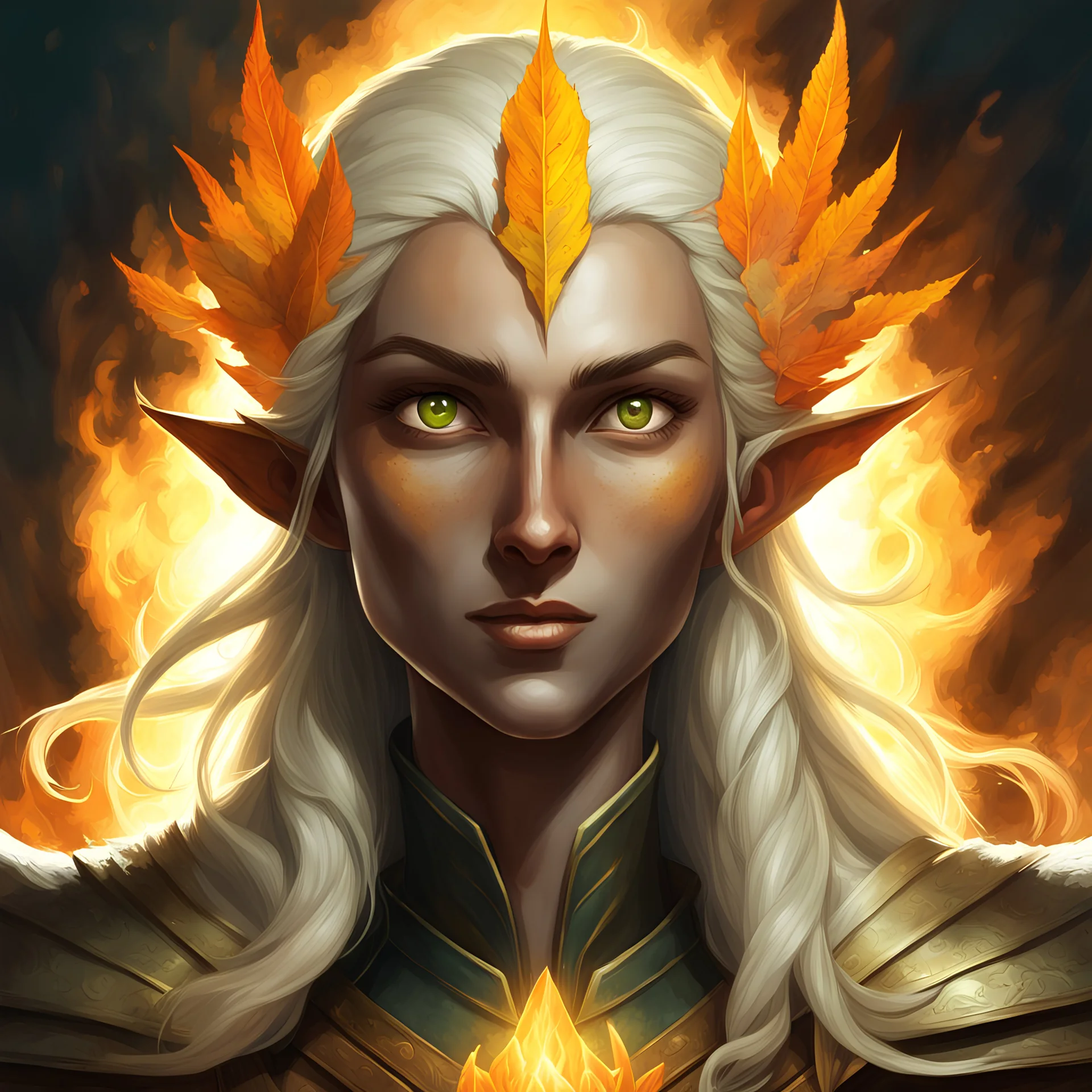 Generate a dungeons and dragons character portrait of the face of a female autumn Eladrin. She is a Grave Cleric. Her hair is the color of the sun and voluminous. Her skin is dark tan. Her eyes are yellow.