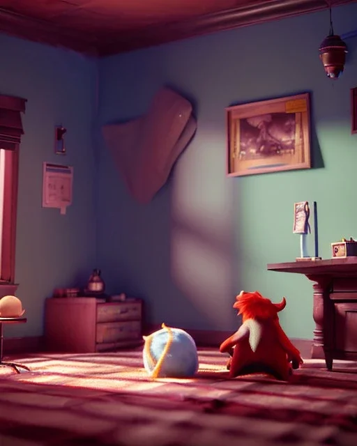 Boy room scene with color hair monster, Steven Spielberg style, realistic photo, sweet, concept art, smooth, unreal engine 5, god lights, ray tracing, RTX, lumen lighting, ultra detail, volumetric lighting, 3d.