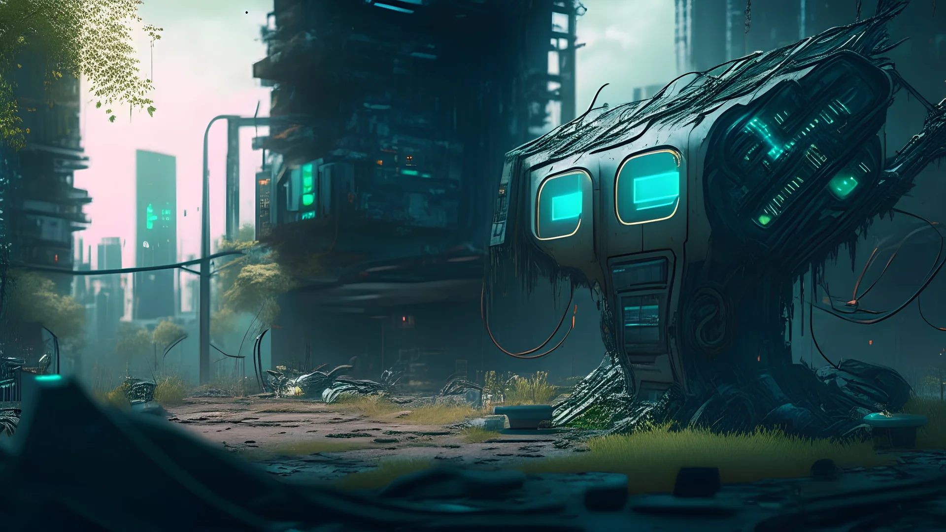 Futuristic gadget cyber virus park neighbourhood dysoptia cyberage HAWKEN postapocalyptic dysoptia scene photorealistic uhd 8k VRAY highly detailed HDR