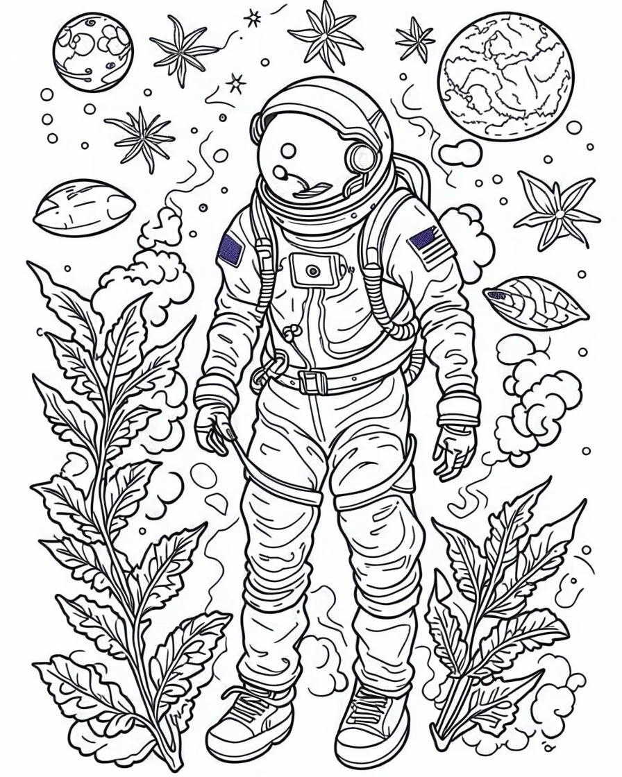 outline art for stoners coloring pages with A very simple and super minimal design featuring A cosmic coloring page featuring an astronaut floating in space surrounded by cannabis constellations., white background, sketch style, fully body, only use outline, cartoon style, clean line art, white background, no shadows and clear and well outlined