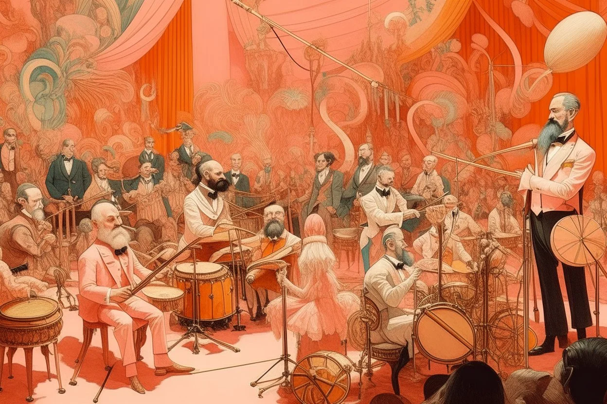 A pale pink magical circus with orchestra instruments painted by Vincent van Gogh