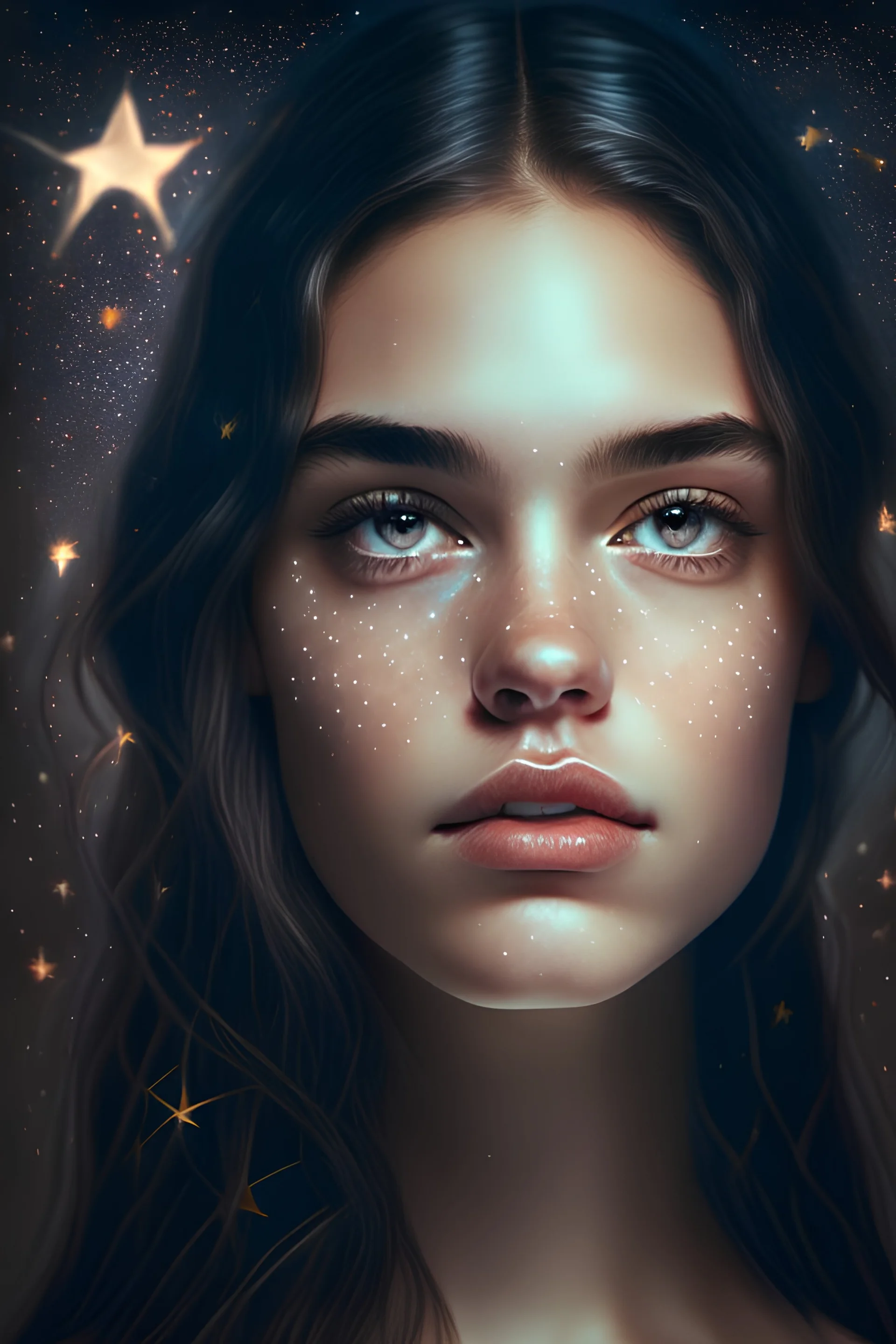 A very beautiful and attractive girl with a symmetrical face, with stars behind her