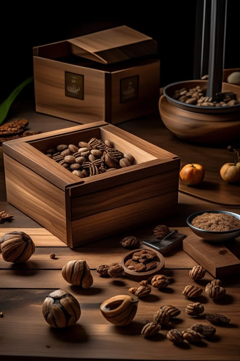 A box on a wooden table in a product photography location surrounded by pieces of walnut