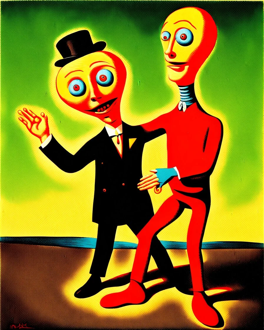 A surrealist painting in the distinctive style of Max Ernst, embracing Dada surrealism, with intricate and clear rendering of every aspect to ensure a deeply disturbing image. The painting features a deranged ventriloquist with wild, frenzied eyes and a twisted, manic smile. He holds a terrified dummy on his lap, made of wax-covered rubber, its eyes wide with fear and its mouth slightly ajar in a silent scream. Behind them, a strange demonic boy with deep red skin and bizarre proportions stands,