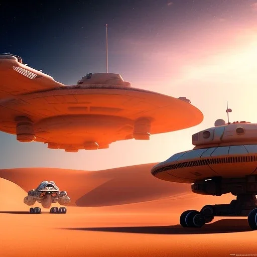 volumetric desert environment, Ralph McQuarrie style painting, hovercraft, highly detailed