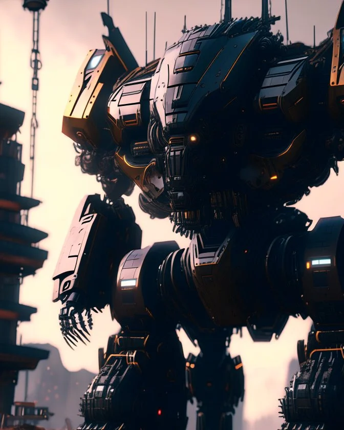 giant robot taking over the world intricate mech details, ground level shot, 8K resolution, Cinema 4D, Behance HD, polished metal, Unreal Engine 5, rendered in Blender, sci-fi, futuristic, trending on Artstation, epic, cinematic background, dramatic, atmospheric