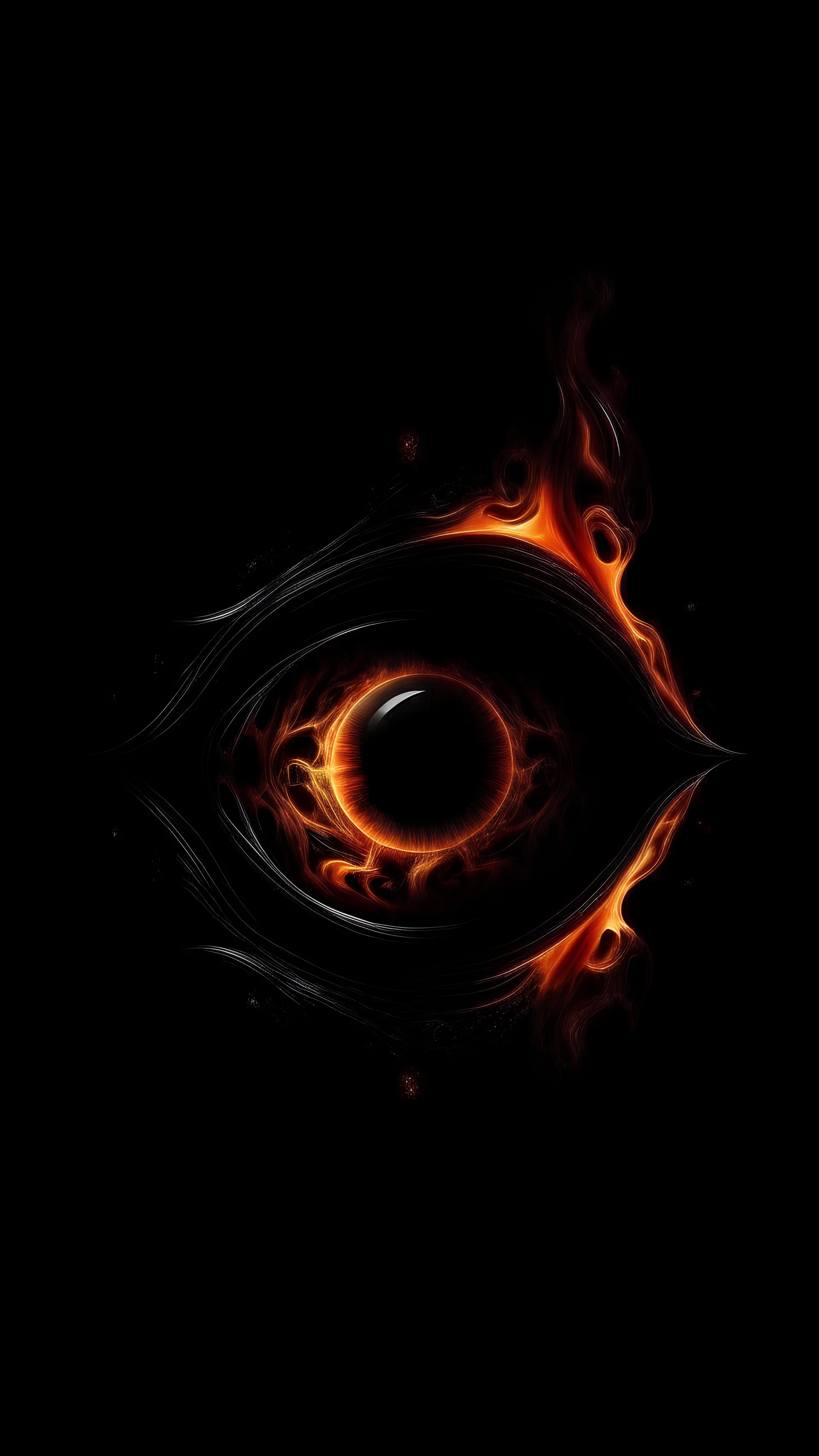 the sun looks like a flaming human eye and is floating on a solid black background