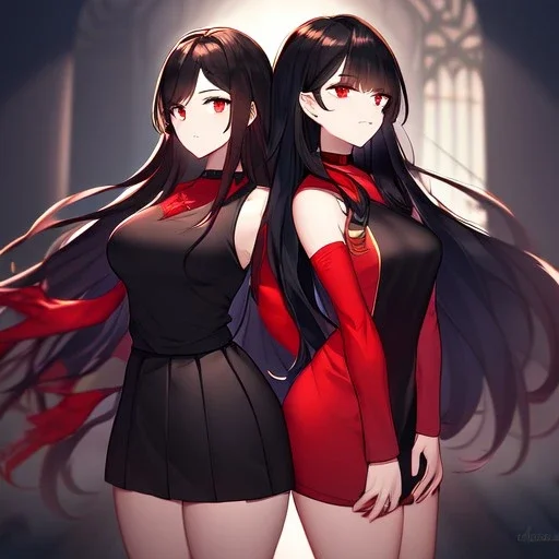 Clear focus,High resolution, black long hair, Vibrant red eyes, Emo style, Black skirt, wearing a black shirt sleeveless, wearing a red collar, Wearing black and red cutsleeves