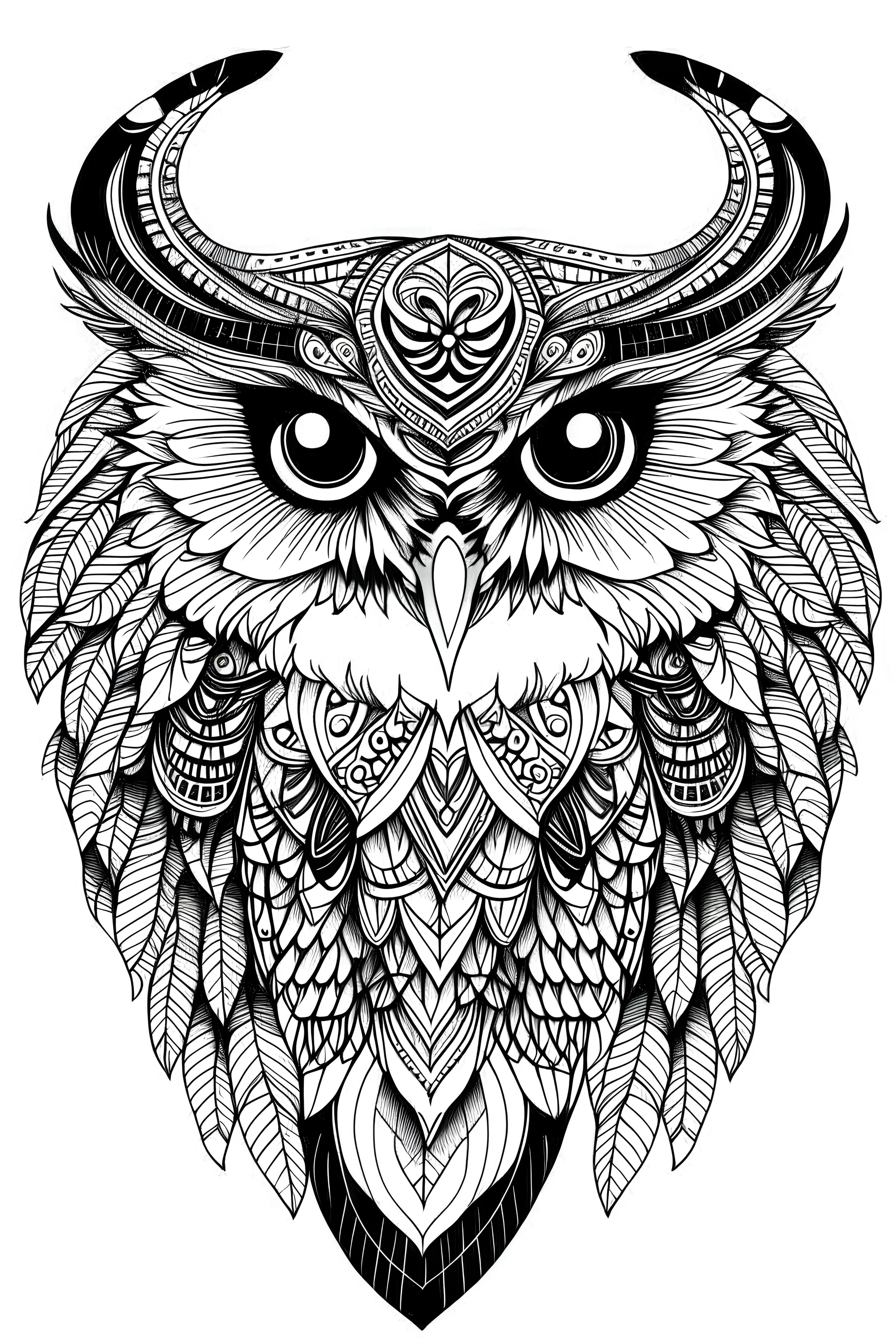 Fancy chart of the wise owl’s personality: Owl character with big ears and round head. It can have large eyes and a thick body White background drawing Pattern, full body, use only outlines, mandala Style, clean line art, white background, number The shadows are clear and well defined - they do not color parts