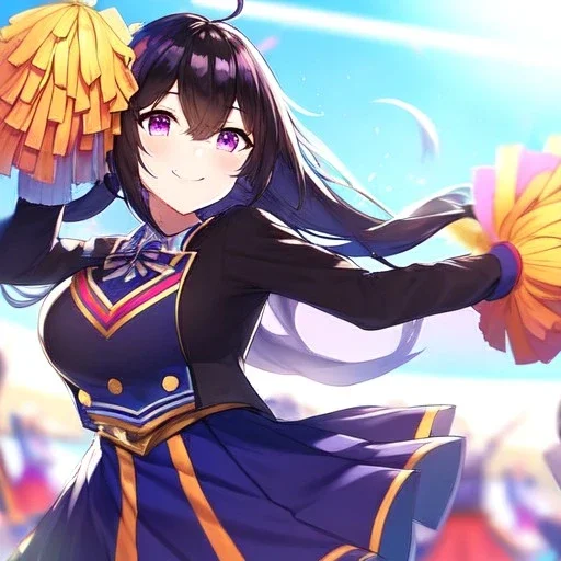 Clear focus,High resolution,High quality, Cheerleader, Smiling, Eyes closed, Black long hair flowing with the wind, Purple eyes