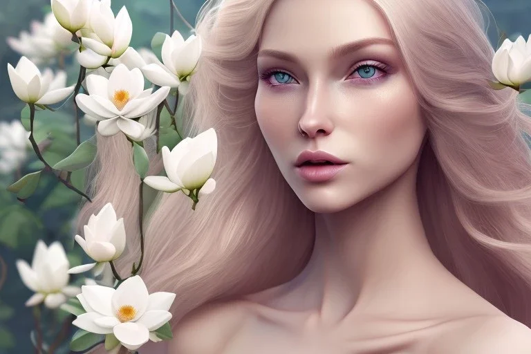 femme long cheveux blond yeux bleus , 8k resolution, flower magnolia lotus rose, beautiful portrait, 8k resolution, flower head and body, beautiful