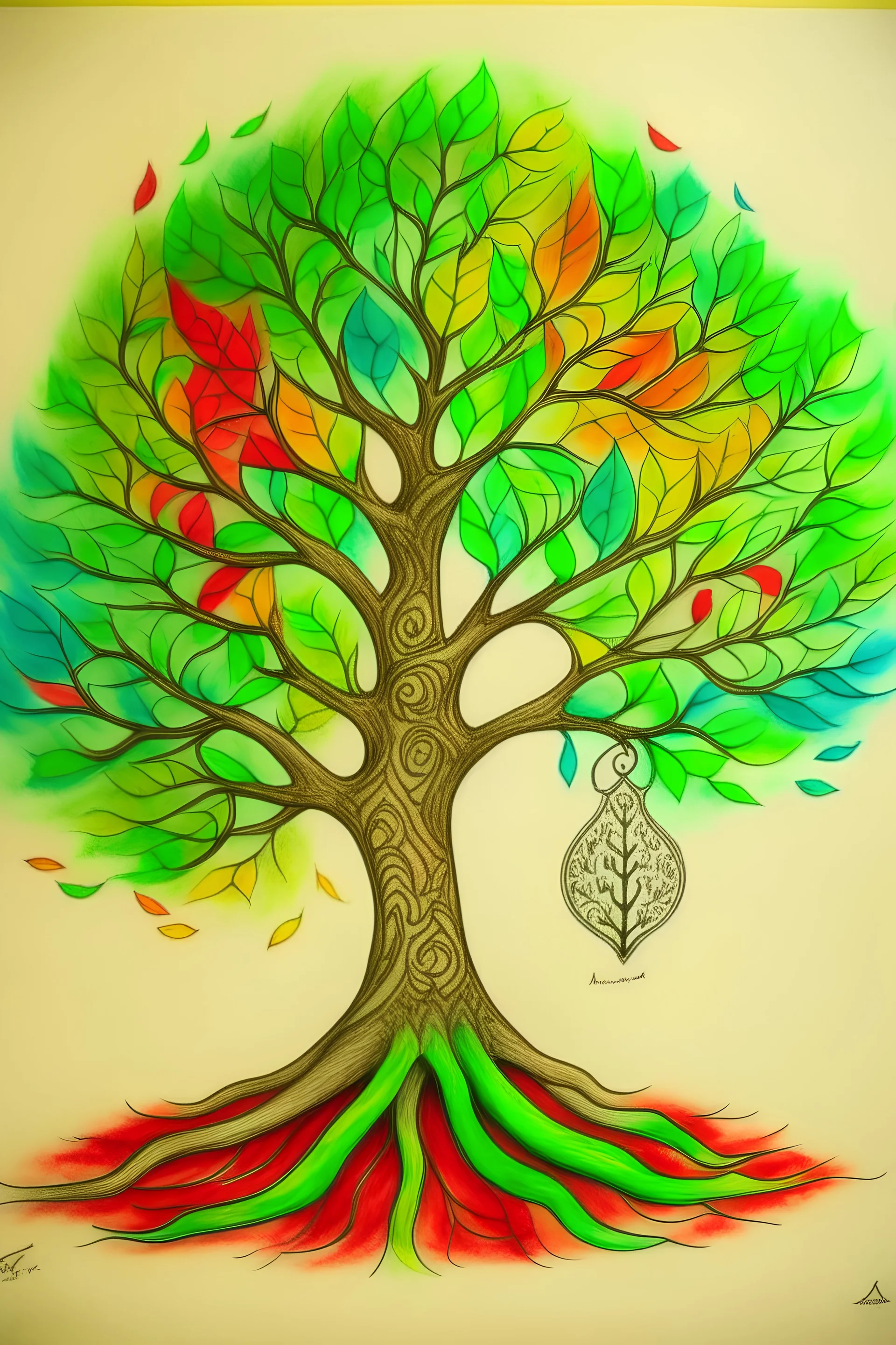 Drawing a colorful painting of a tree above the globe: The leaves of the tree are written with the following Arabic words: بالعربيّة قرأتُ بالبلاغة استمتعتُ بين قصيدةٍ وقصيدة بين حرب وسلامْ بين حبيب وحبيبة همَسَ الردّ والكلامْ بين صائب ومصيبة كثُر العتب والملامْ