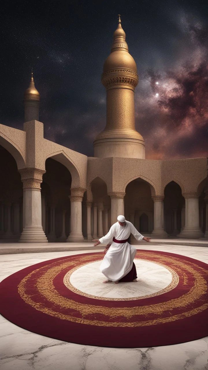 Hyper Realistic Sufi Whirling on stone floor with maroon & Golden Islamic Sufi Rustic Grungy Background outside white marble Islamic monument at dark night, heavy-fig with stars on sky showing dramatic & cinematic ambiance.