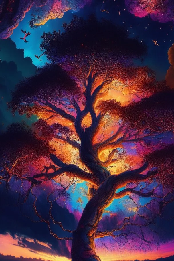 Unforgettable photo of a vibrant Big tree, stretching high above the clouds, its branches adorned with radiant colourful lanterns that lead the way to a hidden realm of celestial vivid spirits. sunset setting, birds and fireflies flying