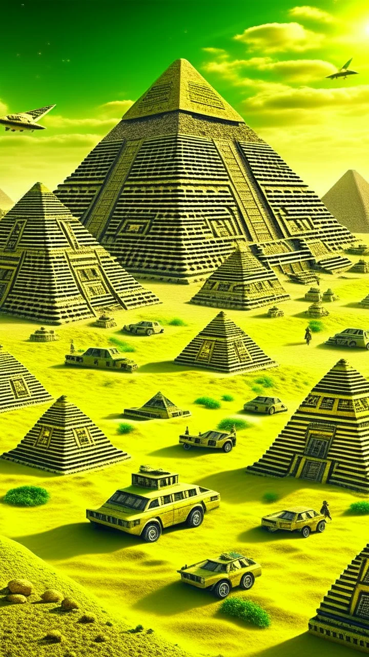 Ancient pyramids with homes around. People driving spaceships