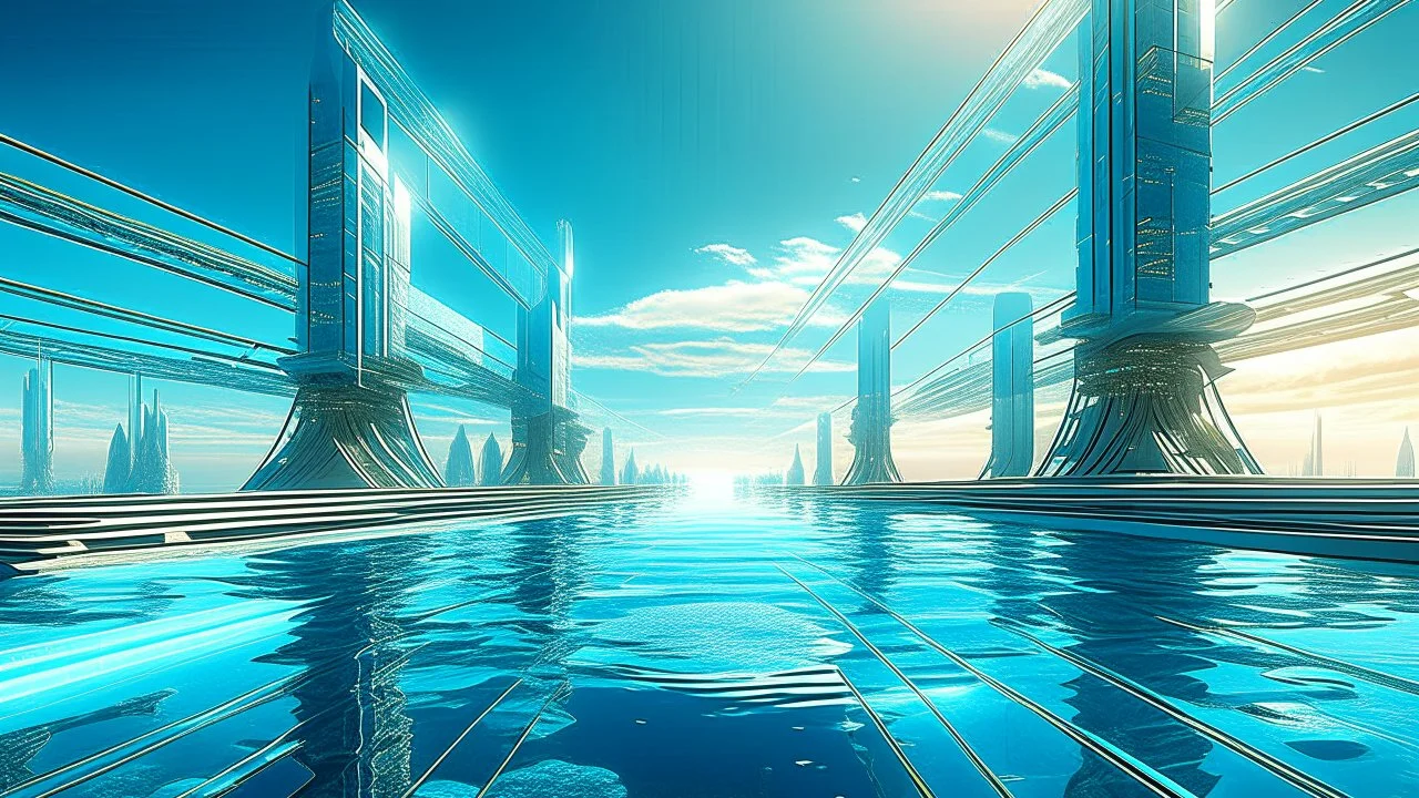 Ciudad costera del futuro reducida a un solo paseo elevado sobre el mar, algunas estructuras transparentes reflejan el horizonte, vehículos autónomos flotantes desplazándose lentamente, composición amplia y limpia, arte conceptual contemporáneo.