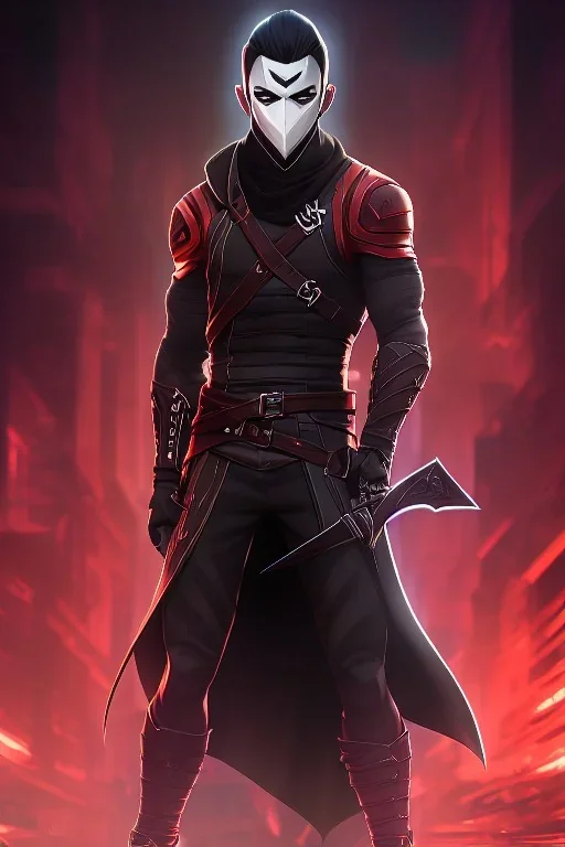 muscular ninja assassin, athletic build, wearing black and red baggy pants with pockets, hood and balaclava mask, tan skin, big boots, two swords crossed his behind back, dark hazel eyes, eyes are both in proportion and green, 3/4 look, short brown hair, standing, dark cobblestone alley, one vertical white light behind head, non photorealistic rendering in the art style of j.scott campbell