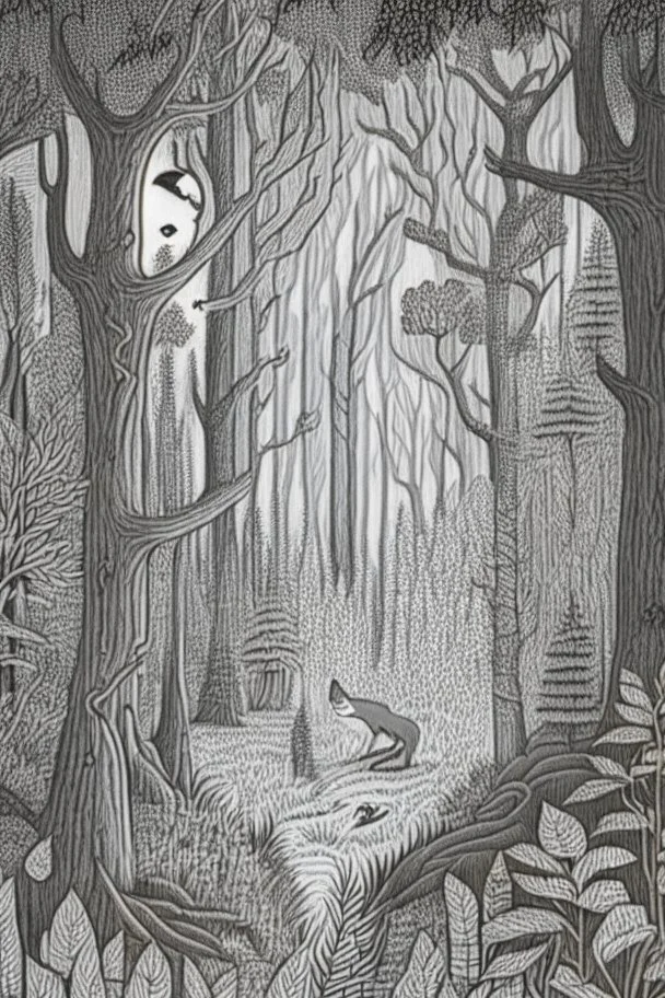 in the style of Henry Justice Ford, a drawing of a forest in which a fox lives