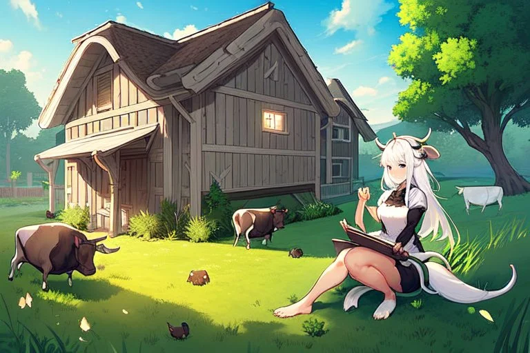 Farm, green grass, house, girl,white hair , sit on grass, cow's tail, cow's horne , cow's under