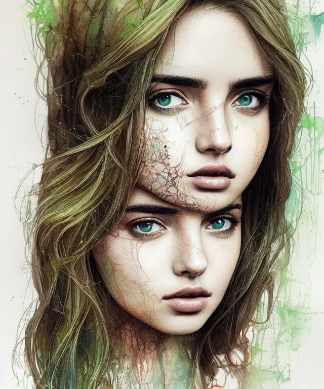 a beautiful samdoesarts face portrait of young and cute ana de armas, fine pencil and watercolors, detailed green-brown eyes, intricate, by carne griffiths and victo ngai