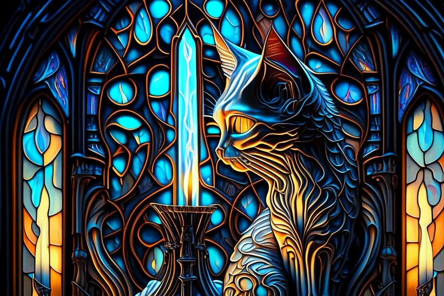 Futuristic cat shaped fancy candles, H.R. Giger style stained glass cathedral, Caravaggio, James Jean, Erin Hanson, hyperdetailed, backlit