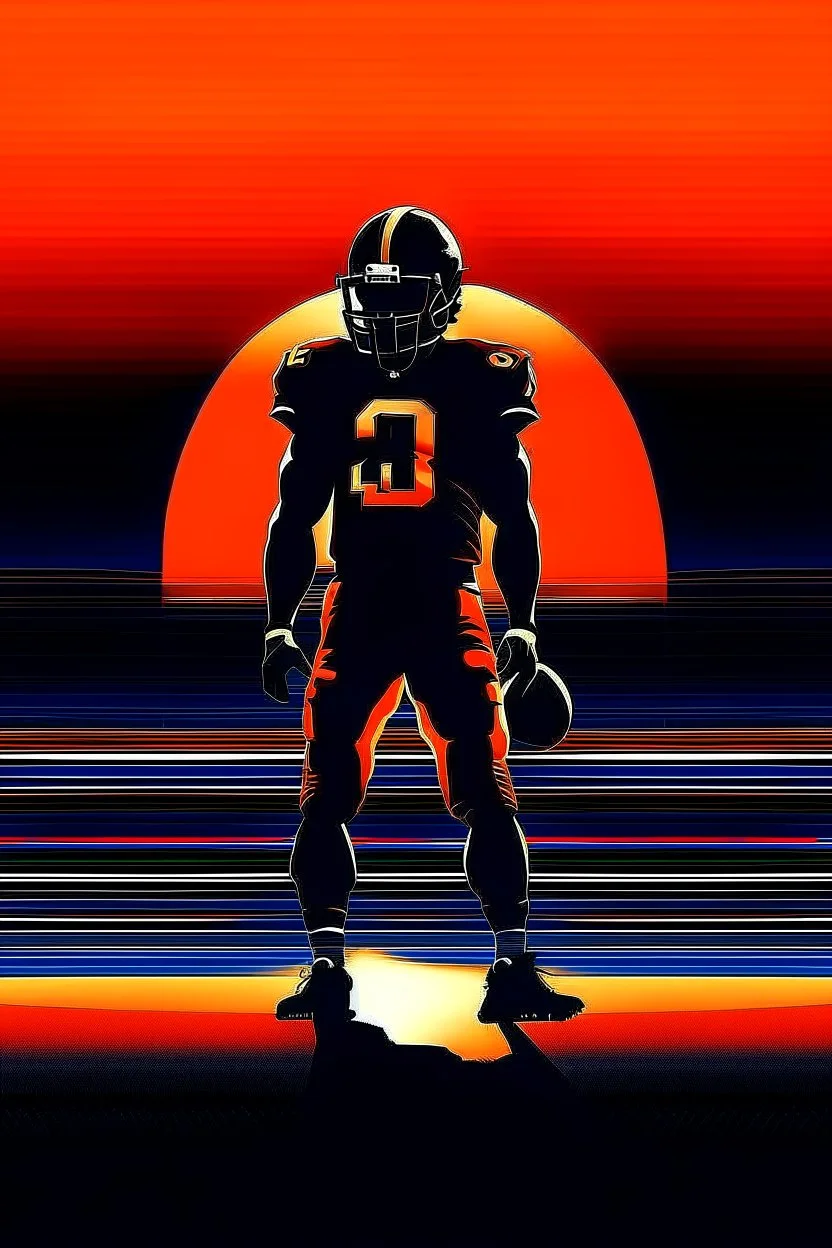 Silhouette of a football linebacker, the background on the left is red at the top and fading to black at the bottom, the background on the right is orange at the top and fading to dark navy blue at the bottom, background also has stadium lighting and the receding yard lines of a football field