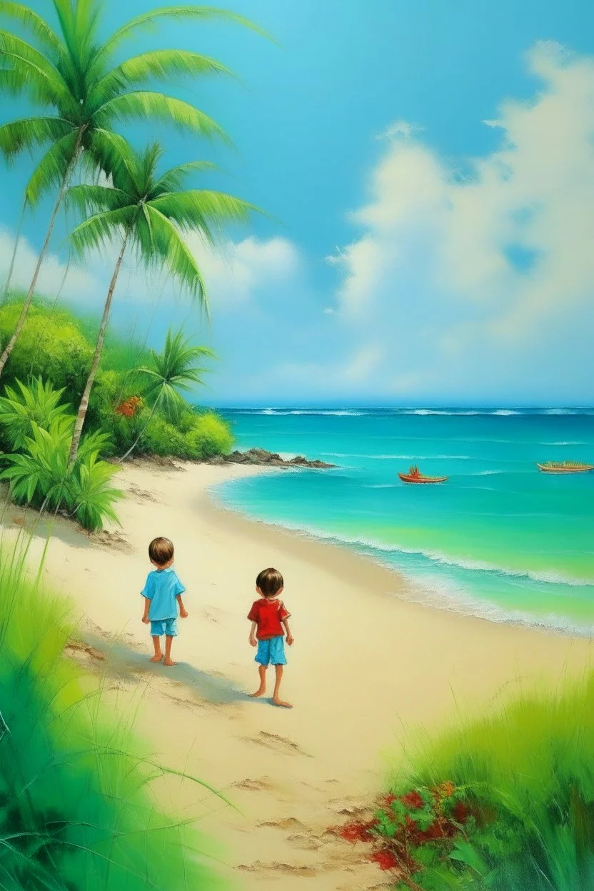 tropical beach two childeren paining