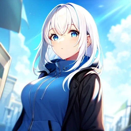 8k, Girl, high quality, detailed, white hair, blue eyes, beautiful lighting, jacket