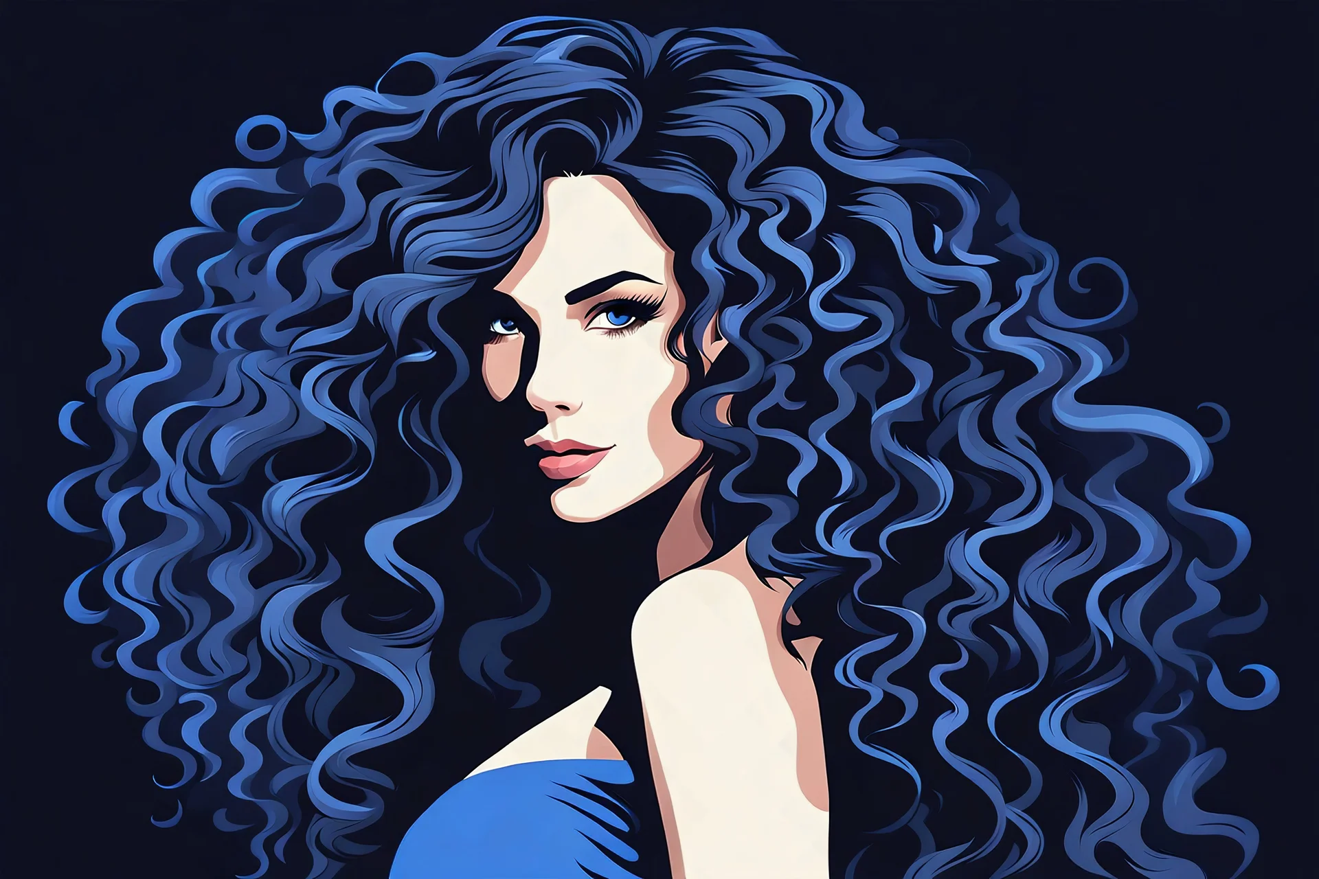 woman very long curly hair on dark blue background, in style of digital illustration, stunning digital illustration,8k ,vector