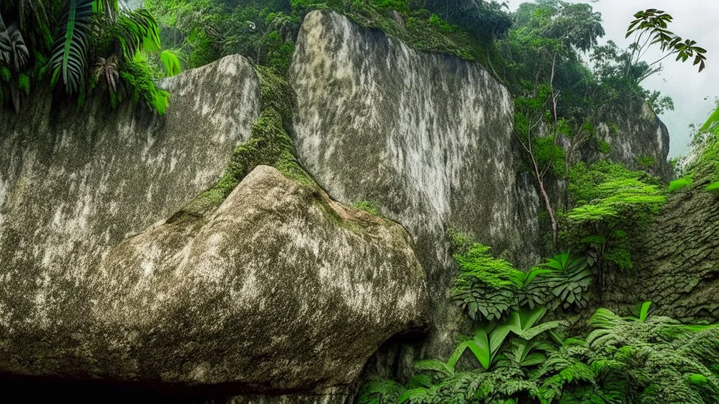 flat wall of rock in the jungle at the foot of the mountain