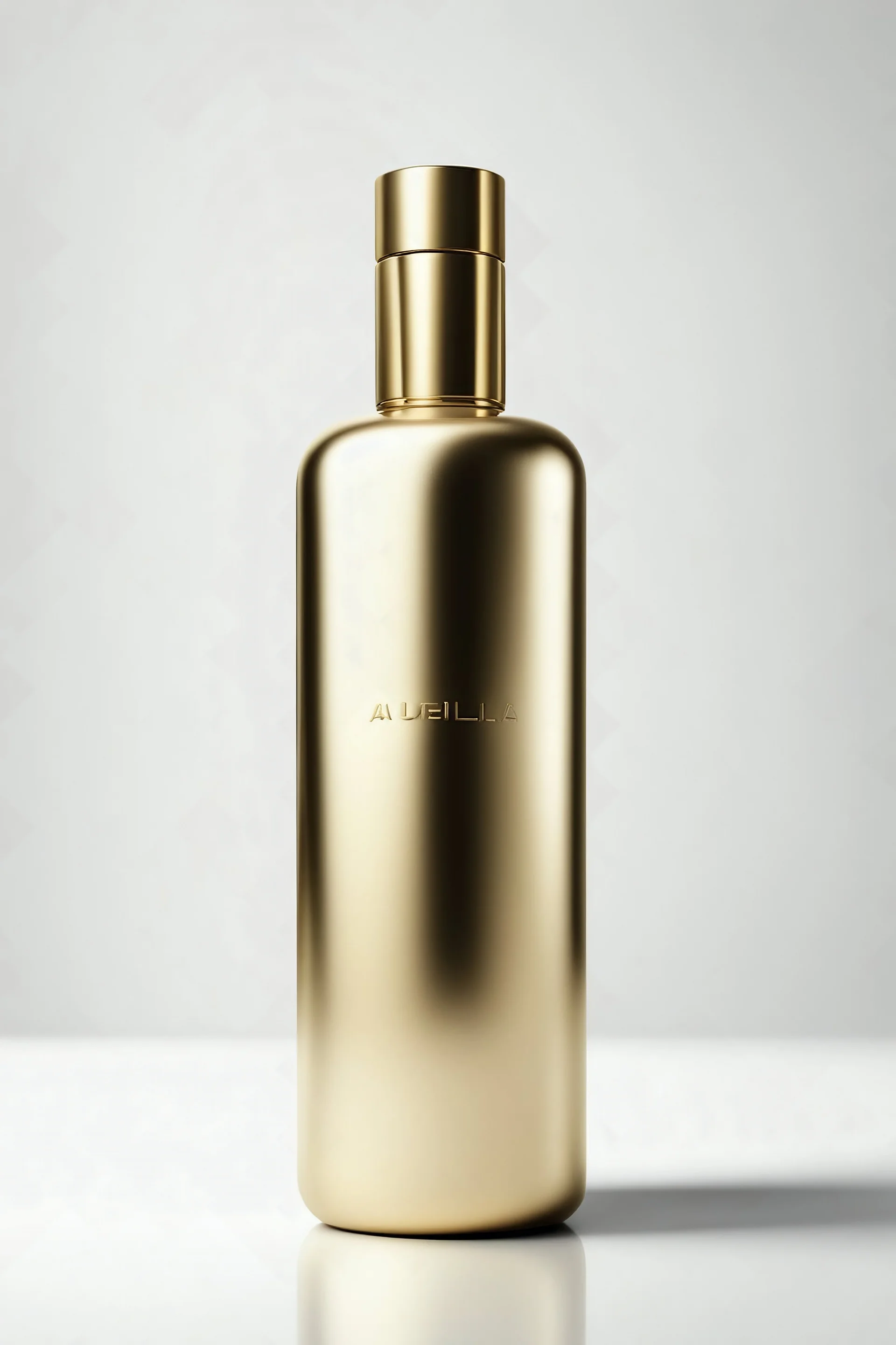 GOLD COSMETIC BOTTLE ON WHITE BACKGROUND