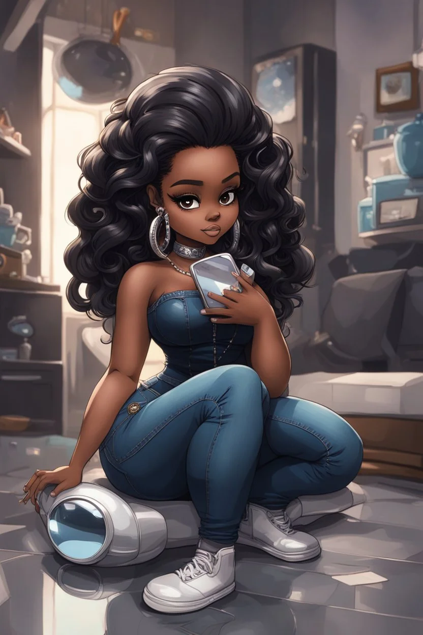 Create a futurism magna art of a black chibi curvy female sitting on the floor looking at herself in a hand mirror. She is wearing tight blue jeans and a black off the shoulder blouse. Prominent make up with lush lashes. Highly detailed long wavy hair. She is also wearing silver large hoop earringsart of a black chibi curvy female sitting on the floor looking at her cell phone. She is wearing tight blue jeans and a black off the shoulder blouse. Prominent make up with lush lashes.