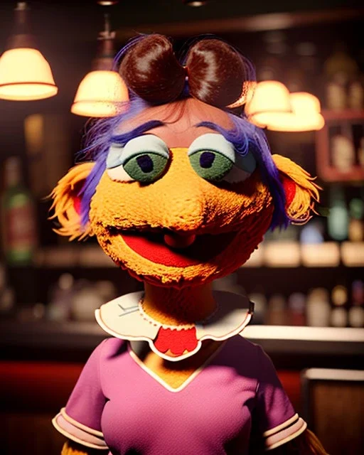 Pub scene, hybrid character, waitress woman with monster muppet mask that covers her entire head, retro style, Sesame Street style, smooth, unreal engine 5, god lights, ray tracing, RTX, lumen lighting, ultra detail, volumetric lighting, 3d.