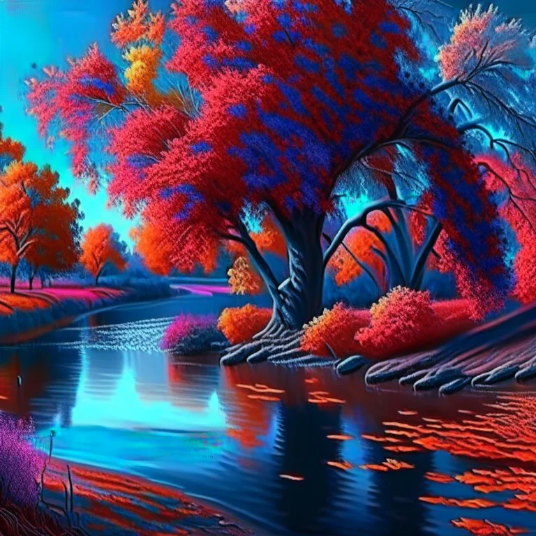 Animated drawing of a farmer hyper-detailed hyper-realistic river trees complementary colors autumn 4k