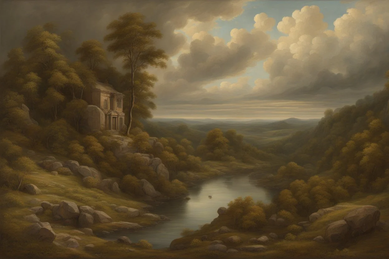 River valley, rocks, trees, an abandoned manor on the mountainside, cumulus clouds, afternoon, eerie, atmospheric, deep perspective, realistic, natural colors, muted colors, intricate details, majestic, magnificent, high definition, fantastical, magical, mystical 8k, oil and canvas, in the style of Edward Burne-Jones, John William Waterhouse, Caspar David Friedrich