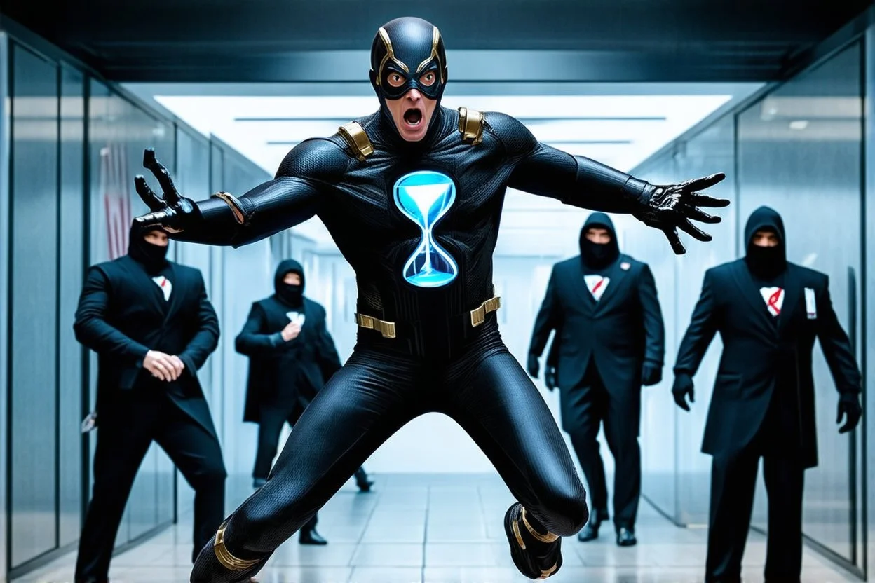 CGI gritty movie still, time stopping powered superhero wearing a sleek, futuristic hourglass logo costume in a dynamic pose, demonstrating the ability to stop time by halting bullets in mid-air during a bank robbery. The scene is set inside a modern bank with masked robbers and shocked bystanders. The superhero has one hand extended toward the bullets that are frozen in the air around them. stop motion frozen sense of tension, with dramatic lighting, Marvel movie aesthetic