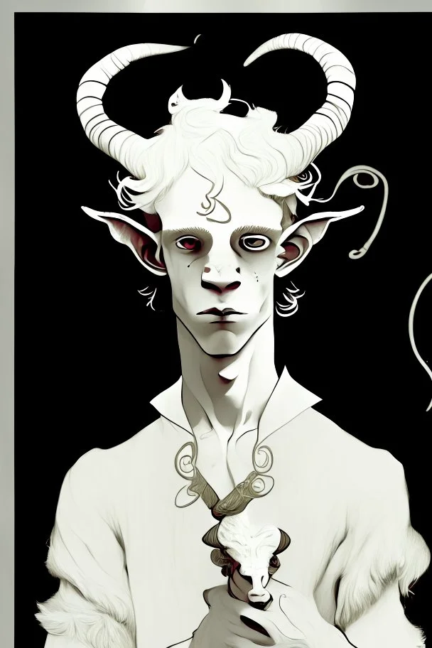 young satyr male albino alchemist with small goat horns in the style of Aubrey Beardsley