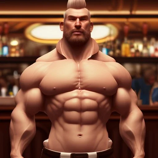 large muscular man wearing a white shirt, big belly, puffed out blonde hair, standing in a bar, illumination, brilliant coloring, smooth, sharp focus, crispy quality, vray; Artstation; HD, HDR, SF, CGSociety, 16k, photorealistic, unreal engine