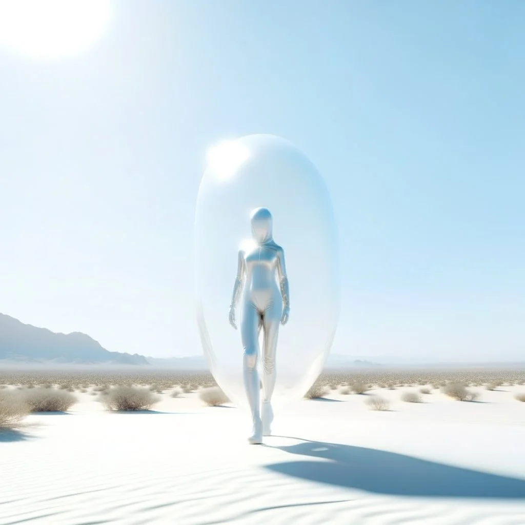 A photo of a transparent and futuristic woman-shaped balloon, inside a light white digital desert landscape.